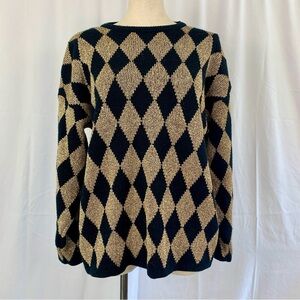 Vintage Black and Gold Diamond Pattern Crew Neck Sweater